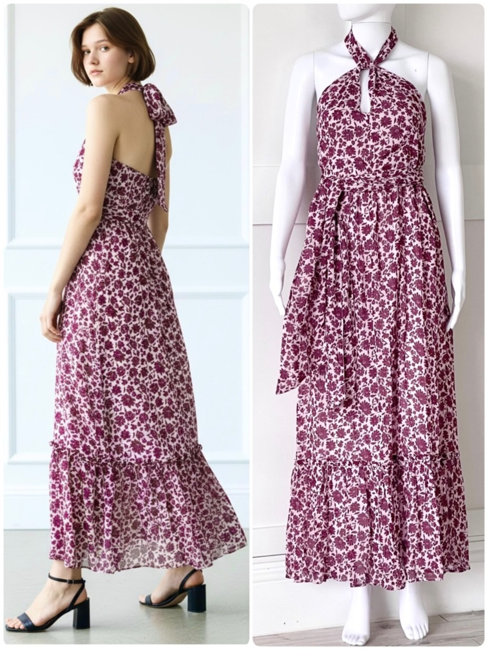 VINEYARD VINES Floral Chiffon Maxi Dress Halter Neck Tie Waist Ruffle Hem